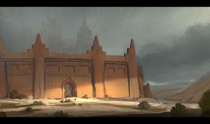 Fantasy desert fortress with distant towers under cloudy sky