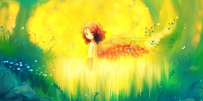 Fantasy art of a winged child in a sunlit meadow