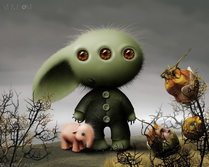 Fantasy creature with three eyes and a piglet