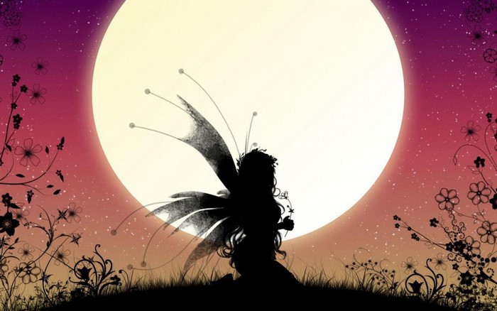 Fairy silhouette against a large moon