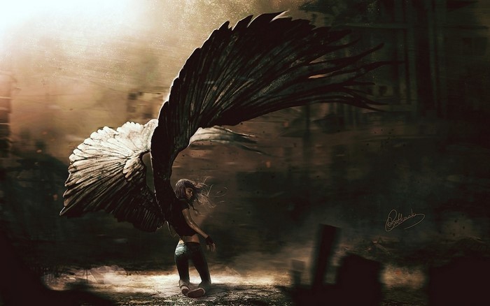 Angel with dark wings in a ruined city