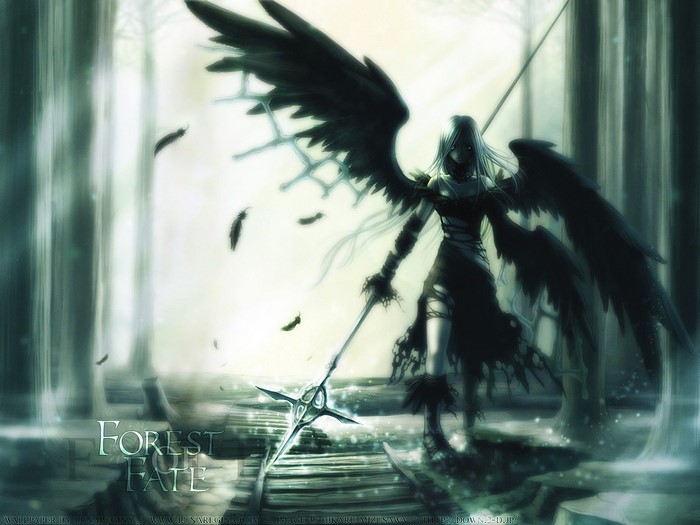 Dark angel with wings and scepter in a forest