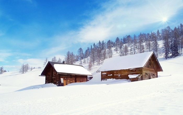 Wooden cabins in a snowy mountain landscape with pine trees