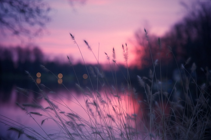 Purple Sunset over Lake with Grass