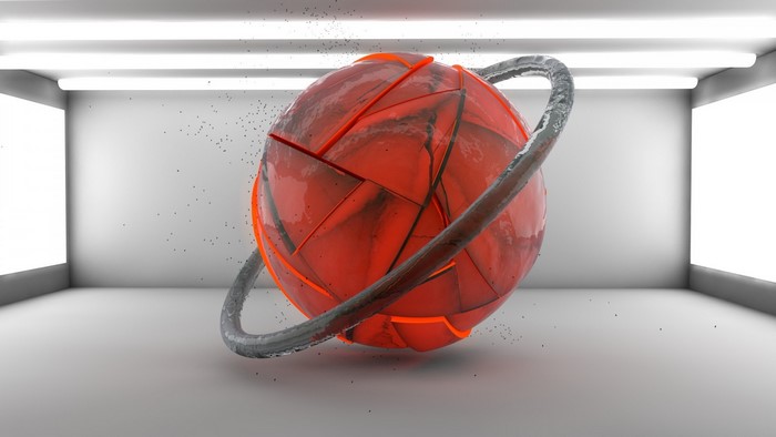 Red segmented sphere with a ring in a white room