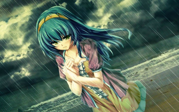 Anime girl with blue hair in the rain