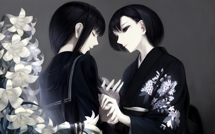 Two anime girls with black hair and white lilies
