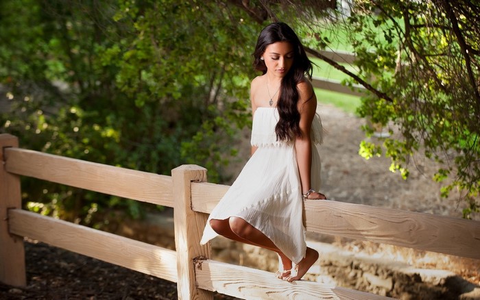 Woman in White Dress Sitting on Wooden Fence