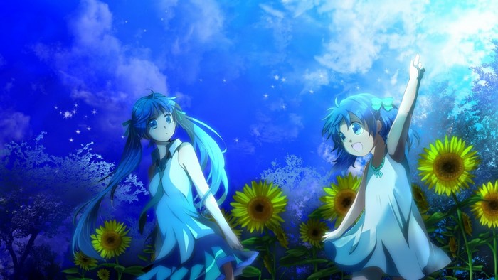 Anime girls in a sunflower field under a starry sky