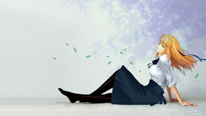 Saber from Fate Series sitting outdoors