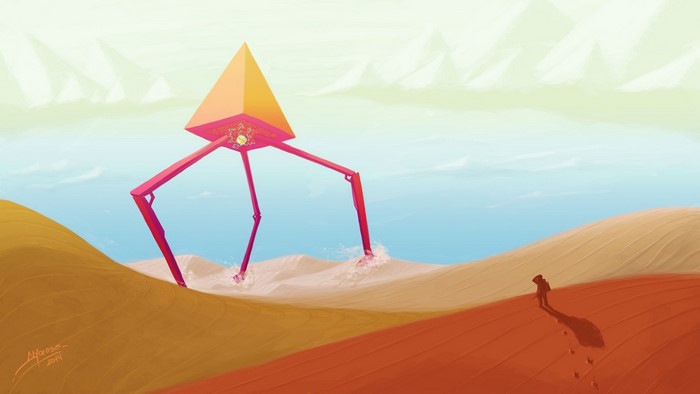 Giant pyramid walker in a desert landscape