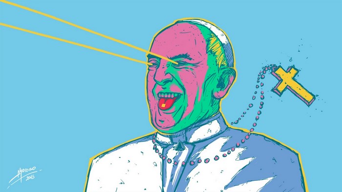 Pope Francis with a tab on his tongue and laser eyes