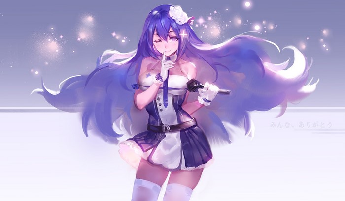 Anime girl with long purple hair singing into a microphone