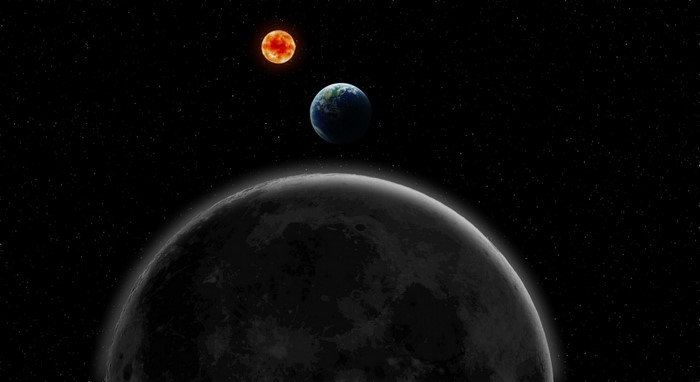 Earth, Moon, and Sun in space with stars