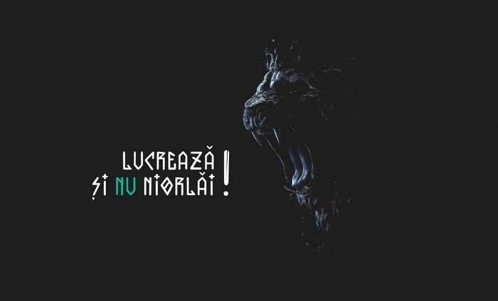 Illustration with Romanian text and a lion's head