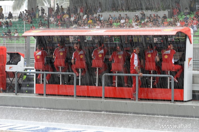 Ferrari Formula 1 pit crew in the rain