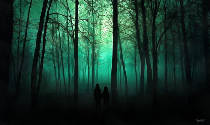 Two figures in a misty green forest at dawn