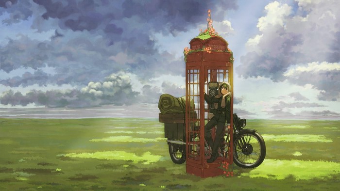 Kino from Kino's Journey in a phone booth with a motorcycle