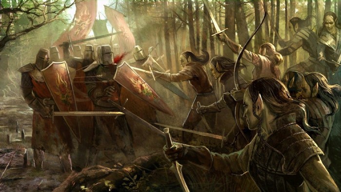 Soldiers and elves in a forest battle