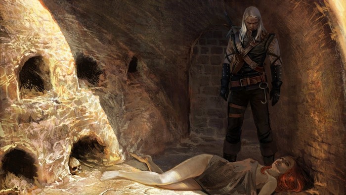 Geralt of Rivia in a cave with a woman