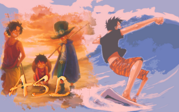 ASL brothers from One Piece on beach and surfing
