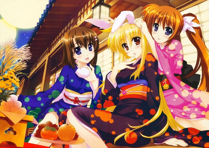 Anime girls in kimonos with animal ears
