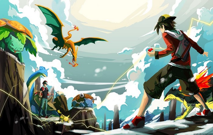 Pokemon Battle with Red, Charizard, Venusaur, Blastoise, Lapras, Pikachu, Typhlosion