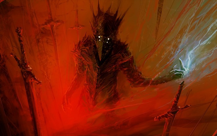 Dark figure with glowing eyes surrounded by swords