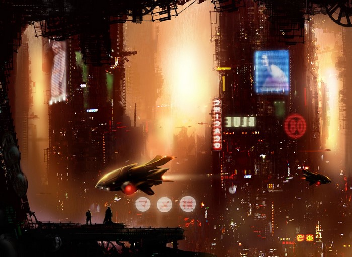 Cyberpunk city with flying vehicles and neon signs