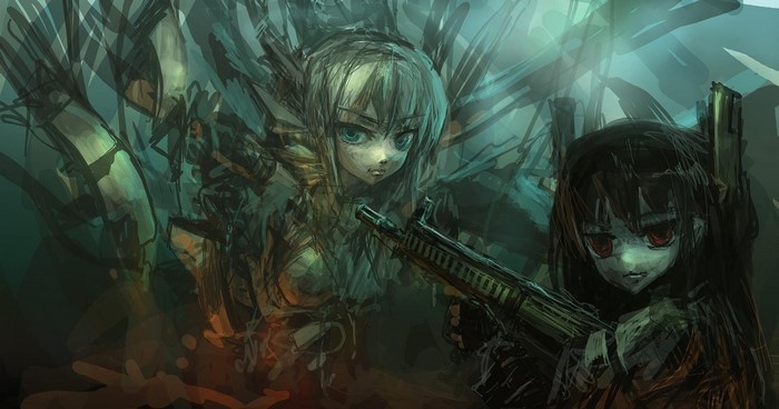 Two anime girls with guns in a dark, abstract setting