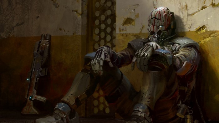 Cyborg soldier with rifle in a derelict room