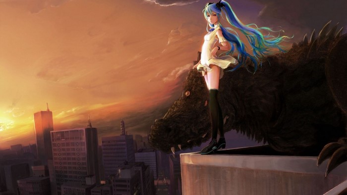 Hatsune Miku and Godzilla on a city rooftop at sunset