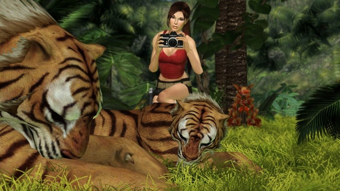 Lara Croft from Tomb Raider with tigers in jungle