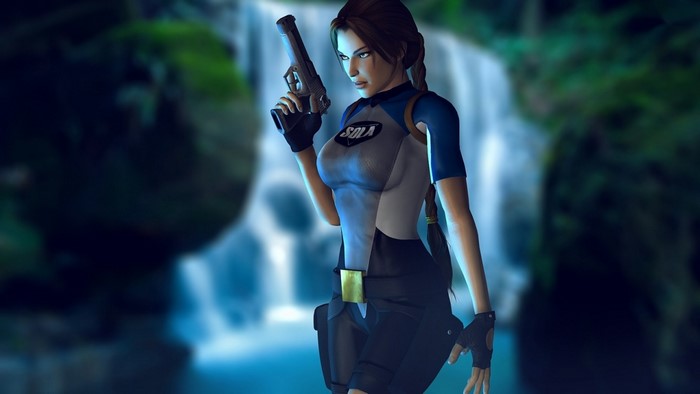 Lara Croft from Tomb Raider holding a gun