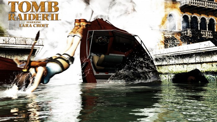 Lara Croft from Tomb Raider II diving from a boat