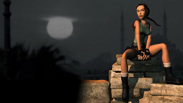 Lara Croft from Tomb Raider sitting on stone ruins at night