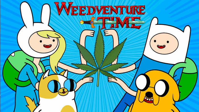 Fiona, Jake, and Finn from Adventure Time holding a cannabis leaf
