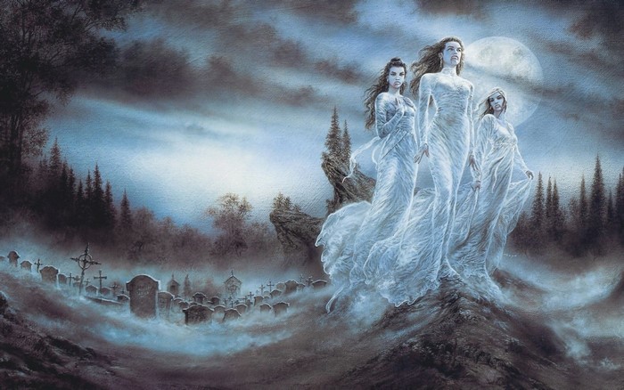 Three ghostly women in a graveyard at night