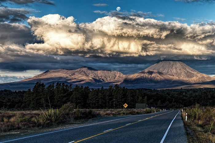Volcanoes and Moon over a Road in New Zealand