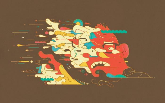 Abstract illustration of a distorted face with colorful elements