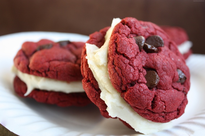 Red Velvet Chocolate Chip Cream Sandwich Cookies