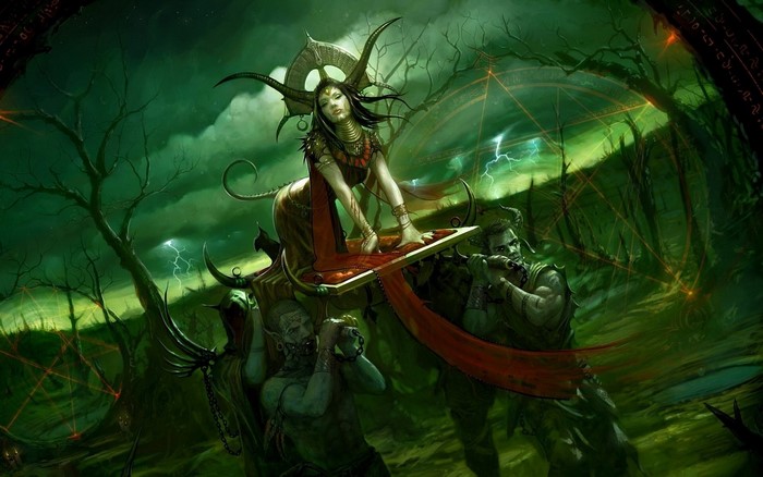 Fantasy illustration of a horned queen on a palanquin carried by goblins