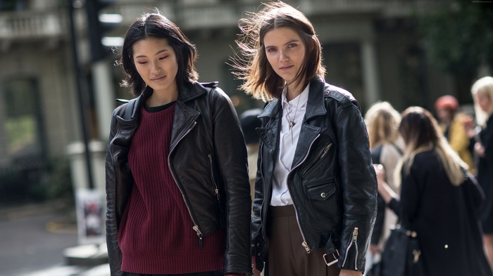 Chiharu Okunugi and another model wearing leather jackets