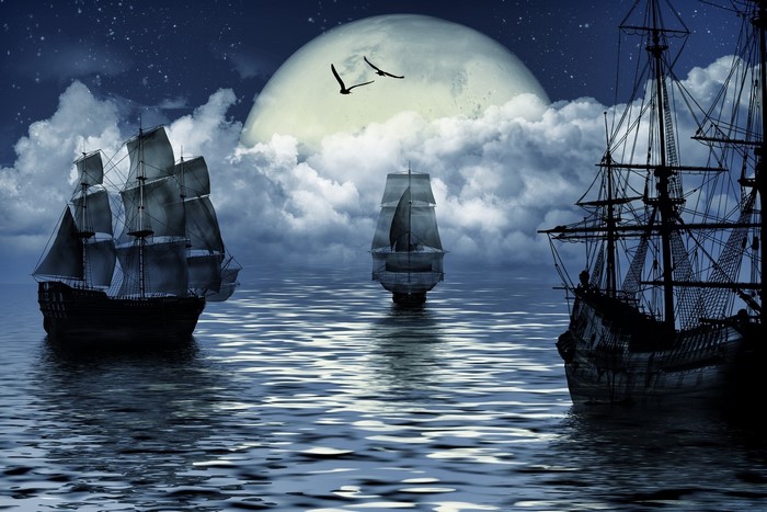 Three sailing ships on the sea under the moon
