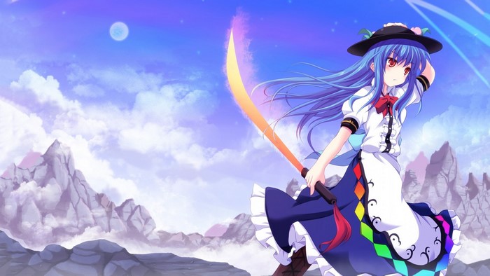 Hinanawi Tenshi from Touhou holding a glowing katana
