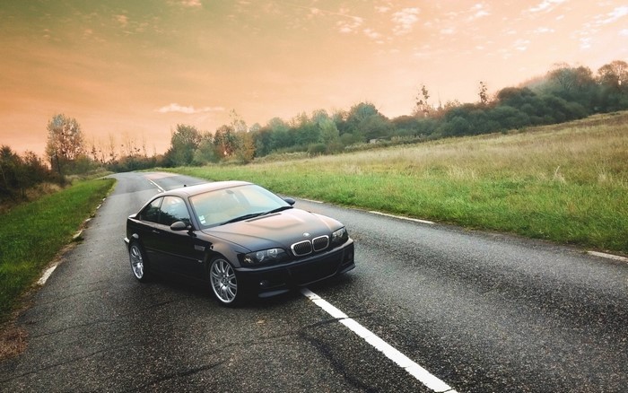 Black BMW E46 M3 on a country road