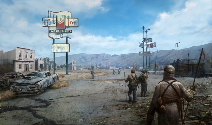 Post-apocalyptic town with travelers and ruined cars