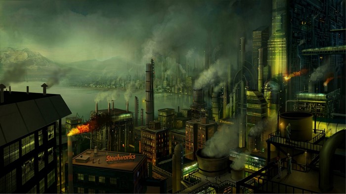 Industrial city with factories and mountains