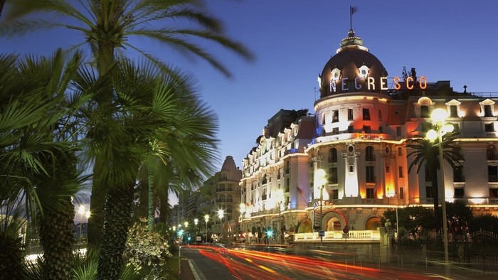 Hotel Negresco on the Promenade des Anglais at night
