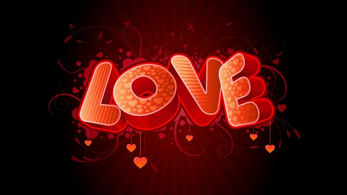 The word LOVE in 3D typography with hearts and floral elements